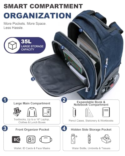 NEW TILAMI 19 Inch Rolling Backpack for School Stair-Climbing Big Wheel - color: Navy Blue