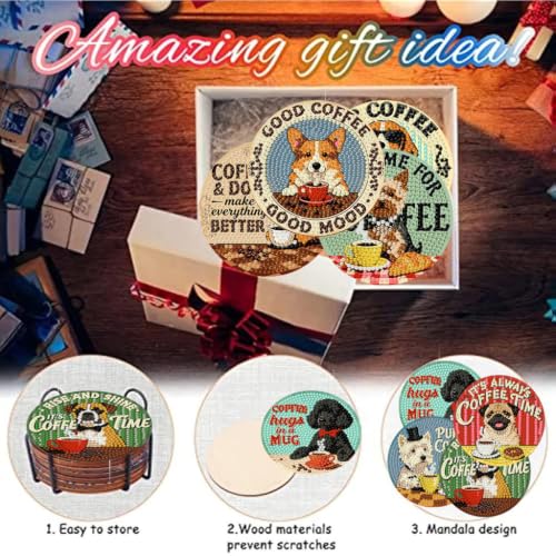 8 Pack Diamond Art Coasters, Coffee Dog Diamond Painting Coasters - color: Coffee Dog Coasters-a