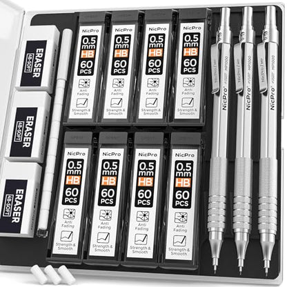 Nicpro Metal Mechanical Pencil Set with Case, 0.5mm Art Pencil, 3 Pack - color: Silver, style: 0.5 MM