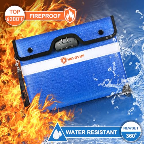 6200F Fireproof Money Bag with Lock, Upgraded A5 Document Bag w/ Zipper/Reflective Strip, 9 Layers Heat Insulated, Water Resistant - color: Blue, size: Inside Size 10.5" x 8.0"