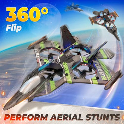 BEZGAR RC Plane Toy for Kids, Fighter Jet with LED Lights & 360° Flip,Green - color: Green