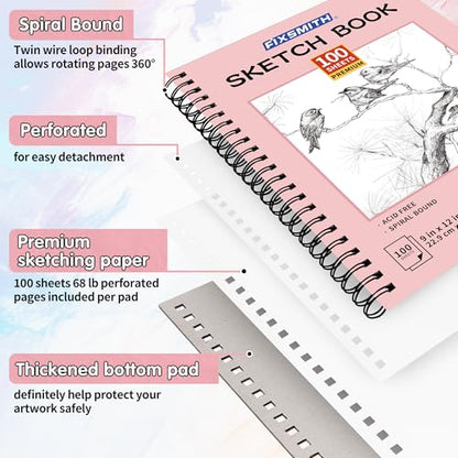 FIXSMITH 9"X12" Sketch Book, 100 Sheets, 68 lb/100gsm,4 Pack Pink - color: Pink, size: 9"x12"-4 Pack