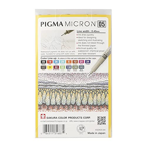 Sakura Cray-Pas Micron Pen Set 05 (.45mm) Micron Pen, 8 Count Micron Pens, Assorted Colors Drawing Pens