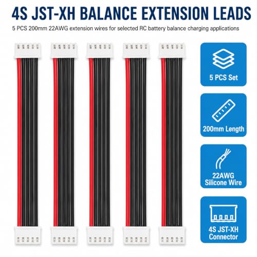 5-Pack 4S Balance Plug Extension Leads, 200mm 22AWG JST-XH Style Wires