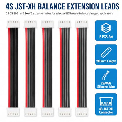 5-Pack 4S Balance Plug Extension Leads, 200mm 22AWG JST-XH Style Wires