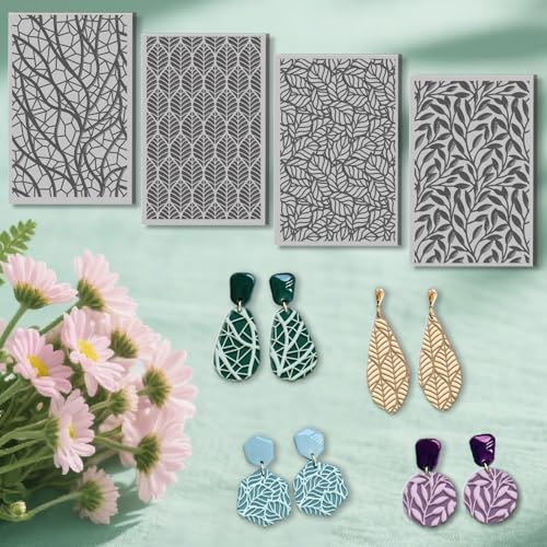 4 Pcs Leaf Texture Pattern Polymer Clay Texture Sheet Rubber Clay Texture Mat for Polymer Clays Making Earrings Jewelry DIY Crafts, 4 × 2.5 Inch