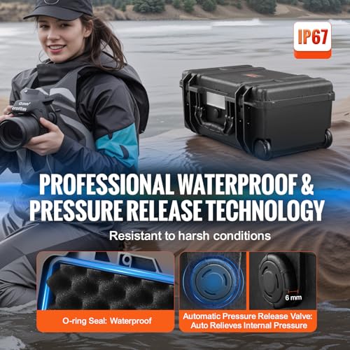 VEVOR Weatherproof Hard Case, Heavy Duty Protective Dry Box with Pre-Cut Foam, Wheels & Retractable Pull Handle for Travel, Hunt, Military, Tactical, IP67 Waterproof Case for Cameras (21.7*13.4*9.5") - size: 21.65 x 13.39 x 9.45 in