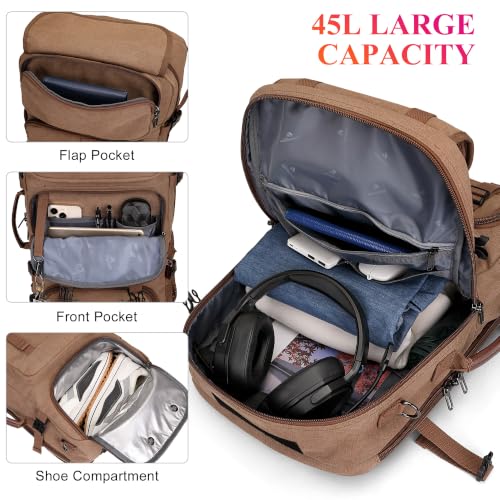 WITZMAN Travel Backpack for Men 45L Large Carry-on Airline Approved - color: Brown