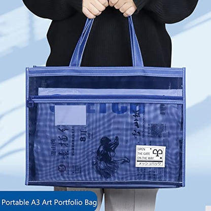 XGOPTS A3 Mesh Art Portfolio Bag with Handle and Zipper Holder for Artwork - color: blue