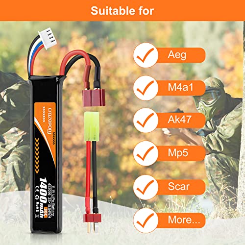 Airsoft Battery 11.1V 1400mAh 30C LiPo with T Plug to Mini Tamiya Cable