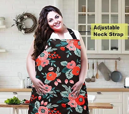 Plus Size Adjustable Bib Apron Water Resistant Canvas Extra Wide Long Ties Aprons with 2 Pockets Kitchen Cooking Gardening - color: Flowers