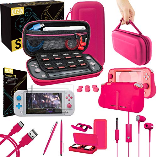 Orzly Accessories Bundle for Switch Lite - Case & Screen Protector for Nintendo Switch Lite Console, USB Cable, Games Holder, Comfort Grip Case, Headphones, Thumb-Grip Pack & More - Pink - color: Hot Pink