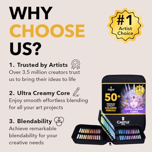 Castle Art Supplies 48 Pastel Colored Pencils for Adults - with Extras