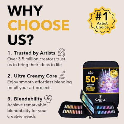 Castle Art Supplies 48 Pastel Colored Pencils for Adults - with Extras