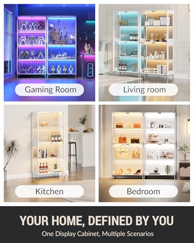 Display Cabinet with Glass Doors, 4-Tier, RGB Lights, Adjustable Shelves - color: White & Glass Double Door