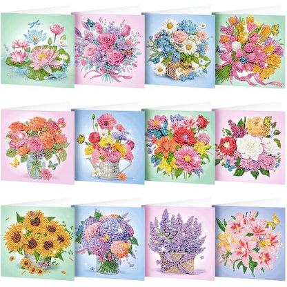 Saillong 12 Pack Flower Diamond Painting Greeting Cards with Envelopes - color: Flower