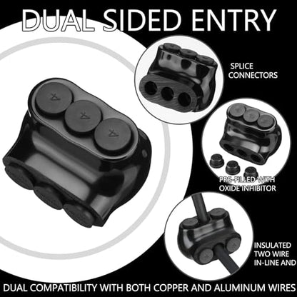 Kanayu 5 Pcs Black Insulated Multi Cable Connector, 3 Ports Electric Wire Connectors and Soldering Lugs, Single Side Entry Cable Splicers, with Oxide Inhibitor (14-4awg Range,1.57" X 1.26") - size: 14-4AWG Range, 1.57" x 1.26"
