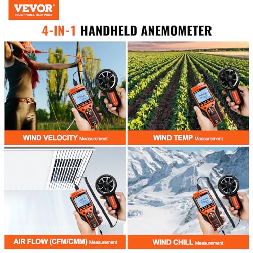 VEVOR Split Handheld Anemometer, 14-140, Digital Wind Speed CFM Meter Gauge with LED Backlight Screen, Measures Wind Velocity Temperature Air Flow, for Sailing Surfing Flying HVAC
