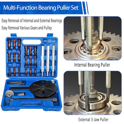 21 in1 Bearing Puller, Bearing Puller Set, Inner Hole Three-Jaw Puller, with Curved Hook and Red Steel Collet Multifunctional Bearing Removal Tool, with Heavy Duty Portable Storage Case Blue - size: 21in1-puller