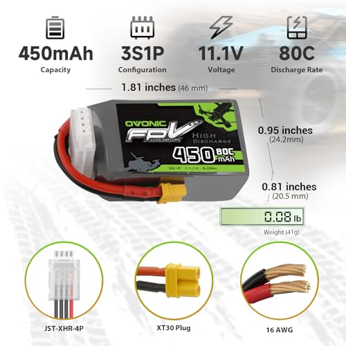 OVONIC 11.1V 80C 450mAh 3S Lipo Battery with XT30 Plug [1 Package Including 2 Batteries]