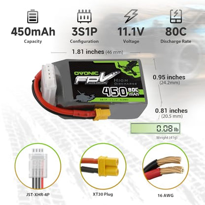 OVONIC 11.1V 80C 450mAh 3S Lipo Battery with XT30 Plug [1 Package Including 2 Batteries]