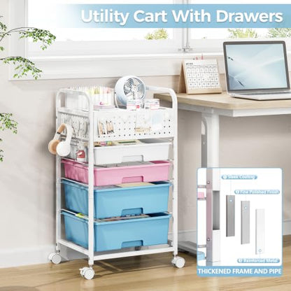 4 Drawer Rolling Storage Cart with Pegboard Top and Hooks, Pink&Blue - color: Pink&Blue, size: 4-Drawers