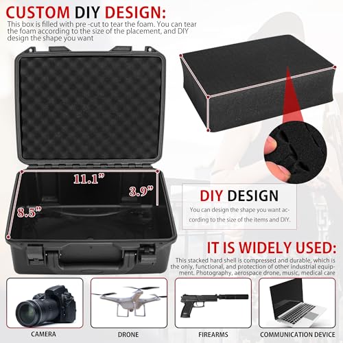 TORIBIO Hard Carrying Case with Foam, Shockproof Storage Box 12"x9.3"x4" - size: 12"x9.3"x4"
