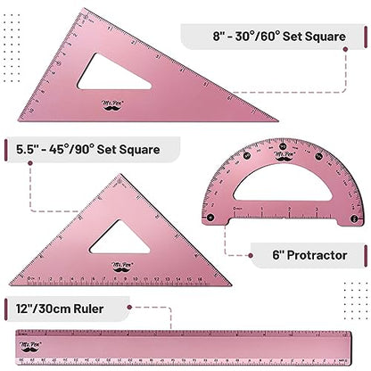 Mr. Pen- Metal Geometry Kit, 4 Pack, 45° & 30°/60° Set Squares - color: Light Pink