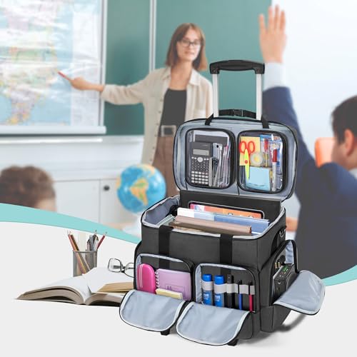 CURMIO Rolling Teacher Tote Bag with 2 Detachable Pouches for Work, Black - color: Black