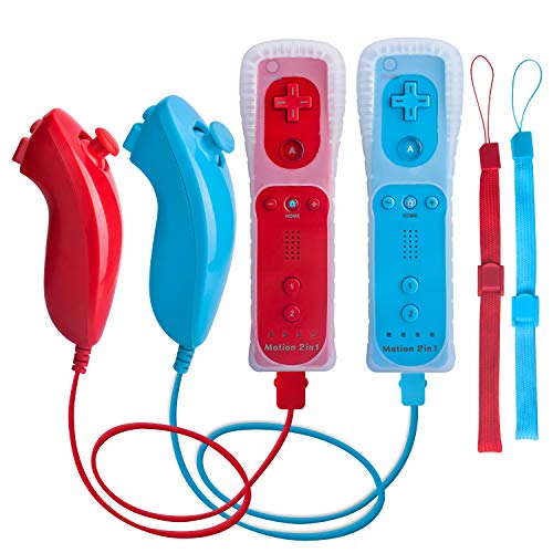 TechKen Motion Plus Wii Controllers 2Packs with Nunchucks, Wii Remote Controllers Compatible for wii and Wii U with Built in Motion Plus - color: red+blue
