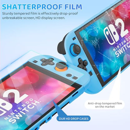 PAWDIARY Blue Switch 2 Carrying Travel Bag Accessories, with Hardshell PC Case Dockable Compatible with Nintendo Switch 2 2025 Console, HD Screen Protector and 2 Thumps Caps - color: Blue