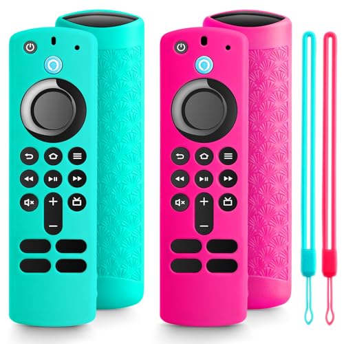 ONEBOM (2 Pack) Silicone TV Remote Cover,Anti Slip Silicone Protective Case with Same Color Lanyard（Not Glow Rose Red&Not Glow Sky Blue） - color: (Colored Lanyard)Sky Blue&Rose Red