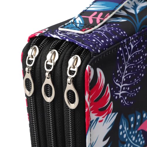 Canvas 120 Slots Pencil Case 3-Layer Zipped Holder w/Handle - color: Black Leaves, size: 120