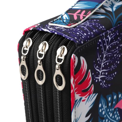 Canvas 120 Slots Pencil Case 3-Layer Zipped Holder w/Handle - color: Black Leaves, size: 120