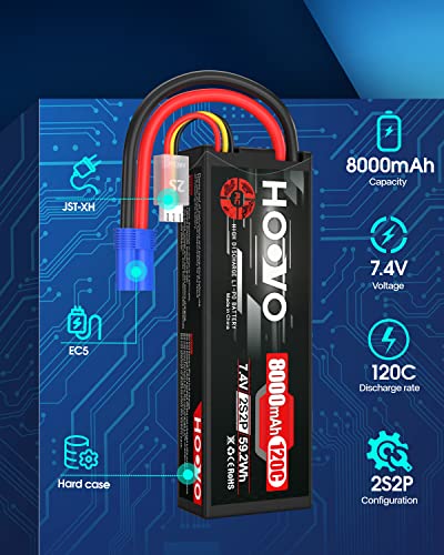 HOOVO 2S Lipo Battery 7.4V 8000mAh 120C RC Car Battery EC5 Plug 2 Pack