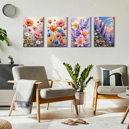 HeeBenor 4 Pack Flowers Paint by Numbers Kit for Adults Framed Canvas - color: Flowers 038