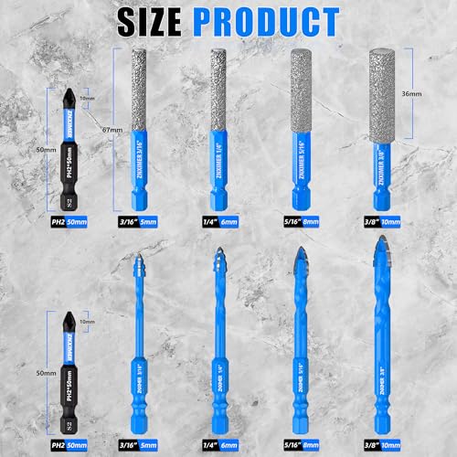 Diamond Drill Bits Set for Ceramic, Porcelain, Glass, Marble, Tile, Granite, Stone and More - 10pcs Tile Drill Bits for Efficient, Precise Drilling and Milling - size: Set4-(3/16"D to 3/8"D)-10Pcs