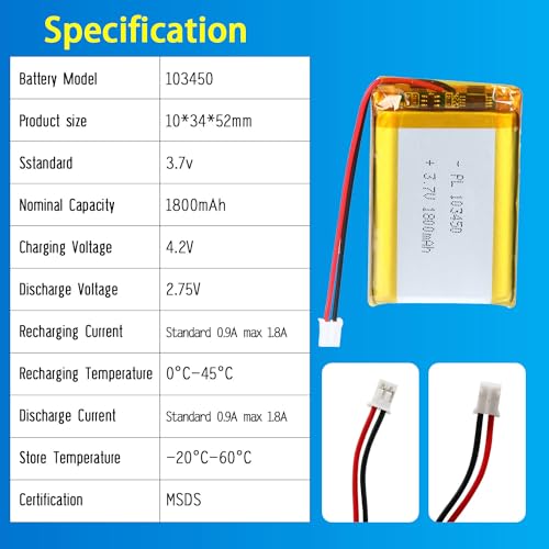 103450 3.7V Lipo Battery 2000mAh 103450 Rechargeable Lithium - size: 103450 2000mAh