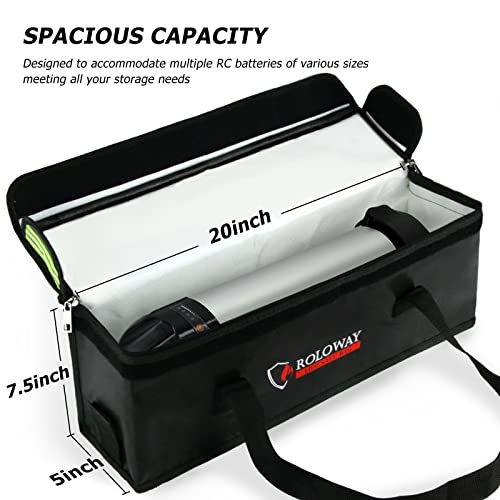 ROLOWAY Lipo Battery Bag (20 x 5 x 7.5 inch), Large Fireproof Lipo Ebike Bag with Comfortable Handle, Reflective Strip