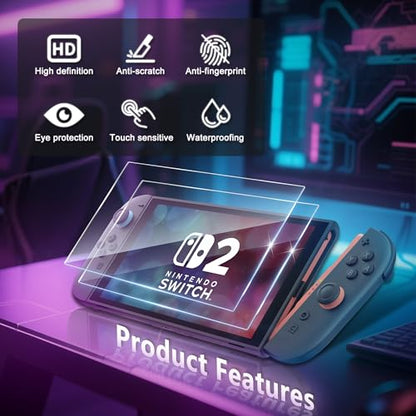 JZG 2 Pack Tempered Glass Screen Protector for Nintendo Switch 2 (2025), Auto Alignment Kit, Bubble Free Installation, Touch Sensitive, Ultra Clear HD Anti Scratch, Dust Removal
