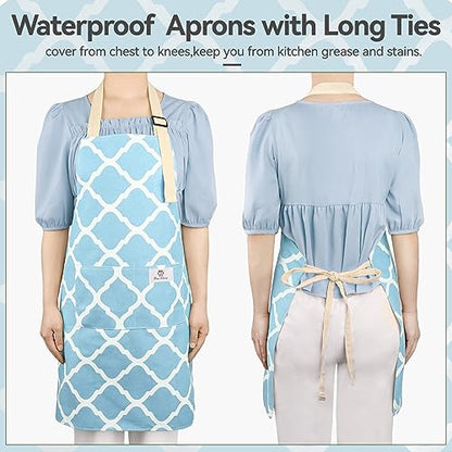 2 Pieces Aprons for Women with Pockets, Cotton Linen Waterproof Kitchen Cooking Aprons, Chef Apronfor Men Women with Adjustable Neck Strap and Long Ties(Grey/Blue) - color: Grey/Blue