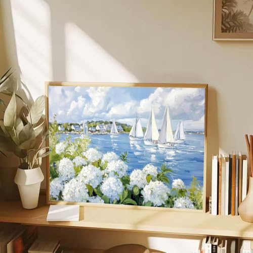 ZeeLionArt Diamond Art Kit, Coastal White Hydrangea Sailboat, 16 x 12 Inch - color: DP04492