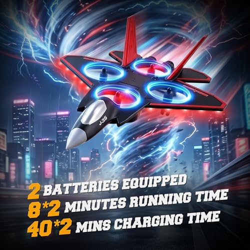 BEZGAR RC Fighter Jet Toy, RC Plane with LED Lights & 360° Flip, Red - color: Red