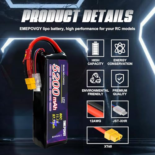 11.1V Lipo Battery 3S 5200mAh 80C Lipos Soft Case with XT60 Connector for RC Car Airplane Helicopter Boat Racing RC Hobby - color: Softcase