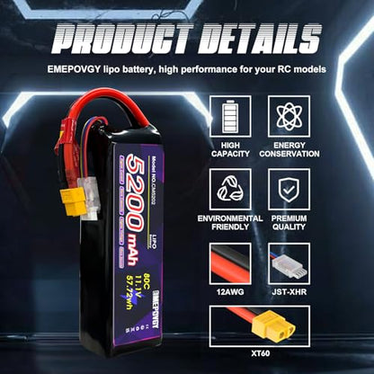 11.1V Lipo Battery 3S 5200mAh 80C Lipos Soft Case with XT60 Connector for RC Car Airplane Helicopter Boat Racing RC Hobby - color: Softcase