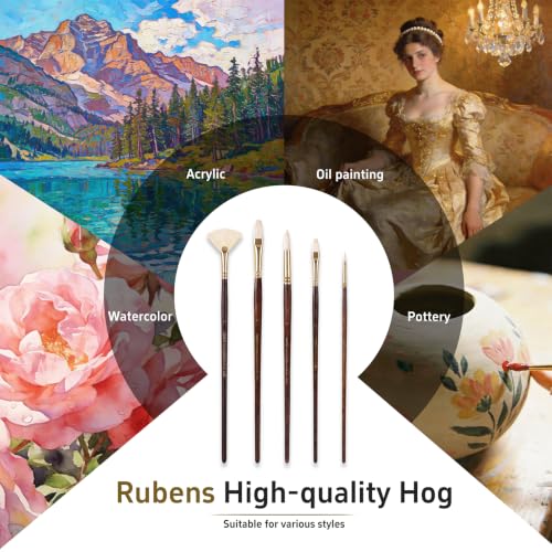 rubens Oil Paint Brush Set, 5 Pcs Natural Hog Bristle Paint Brushes