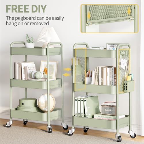 TOOLF 3 Tier Rolling Cart, Metal Utility Storage Cart with Pegboard, Green - color: Green, size: 3-Tier