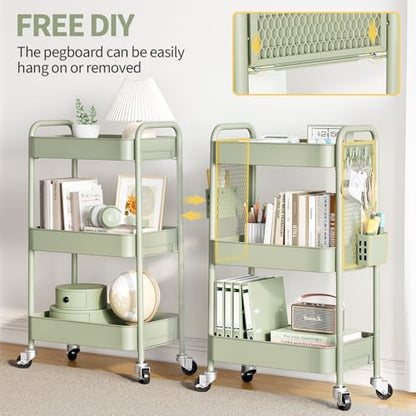 TOOLF 3 Tier Rolling Cart, Metal Utility Storage Cart with Pegboard, Green - color: Green, size: 3-Tier