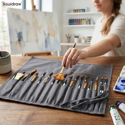 Liquidraw 30 Pocket Roll-Up Canvas Paint Brush Holder, 21 x 18in (Grey) - color: Grey