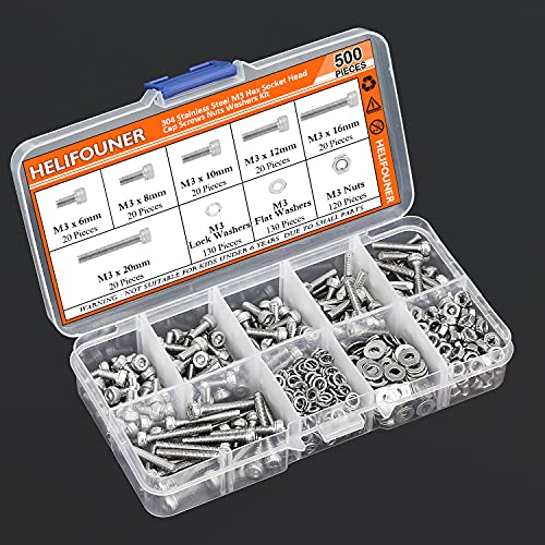 HELIFOUNER 500 Pieces M3 x 6mm /8mm /10mm /12mm /16mm /20mm, Hex Socket Head Cap Metric Screws Bolts Washers Nuts Kit, 304 Stainless Steel - size: M3